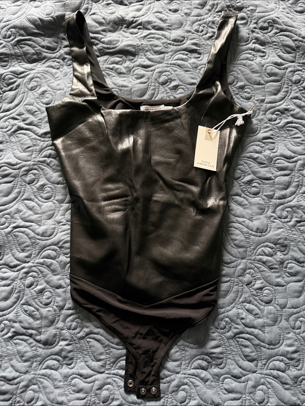 Good American Black Faux Leather & Knit Kids One-Piece Bodysuit